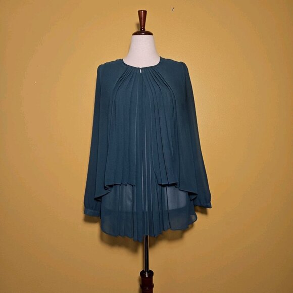 LOVE 21 Emerald Green Blouse Long Sleeve Sheer Tunic Pleated Large Layered Cardi - Picture 1 of 12